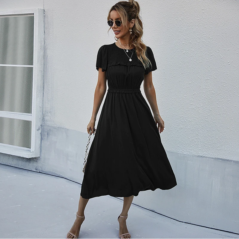 

Women's Round Neck Solid Color Dress Spring Summer Casual Puff Short Sleeve High Waist Jumper Leisure Holiday Female Dresses