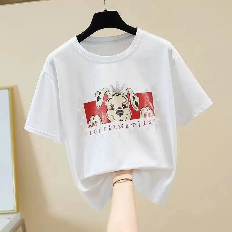 

Heavy Industry Beaded Cotton Cartoon Short-sleeved T-shirt Women's 2022 Summer New Ins Cute Dog Print Loose Kawaii Clothes