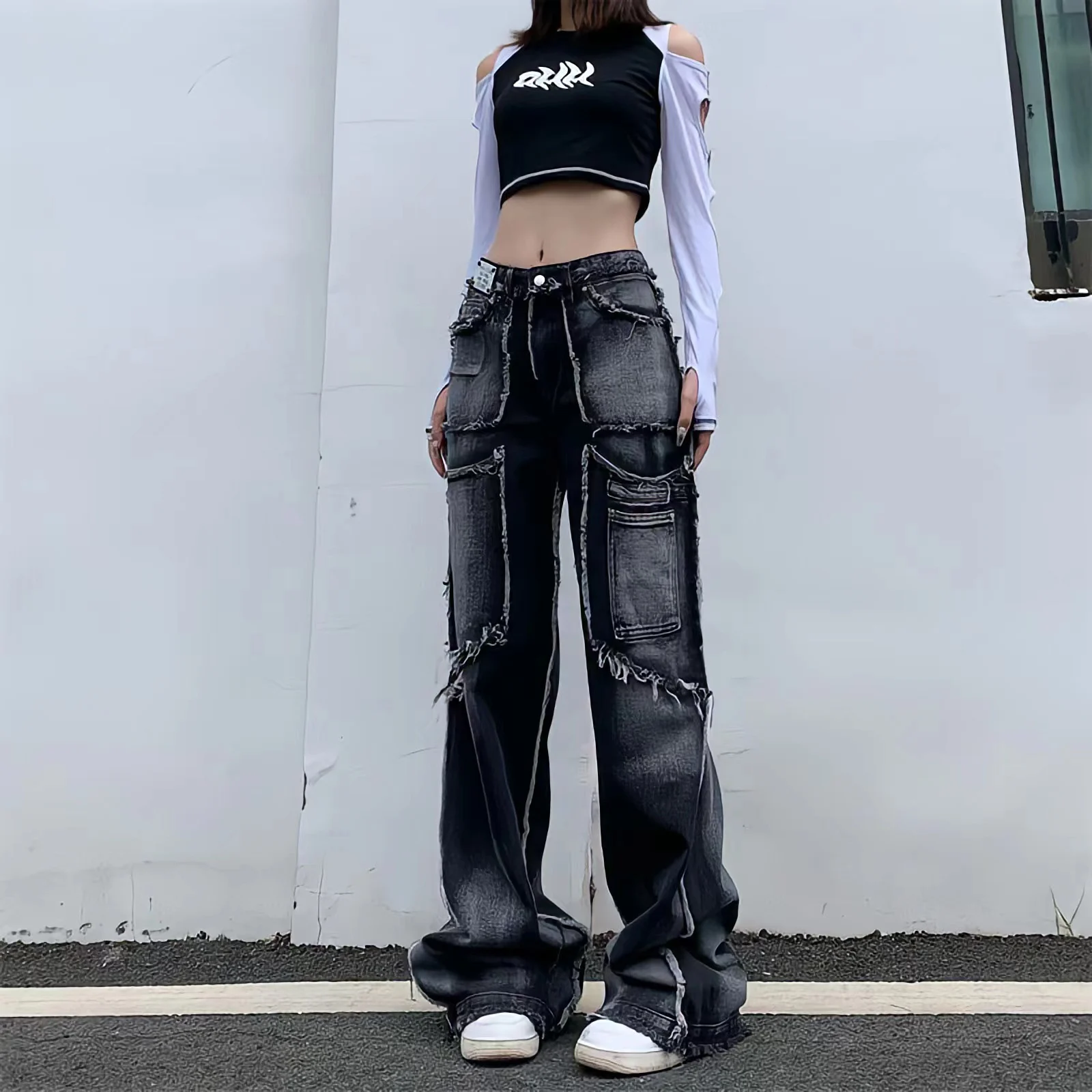 Y2K 2023New Fashion Wide Leg Trousers Vintage Wash Rough Edge Straight Tube Splicing  Multiple Pockets High Street Jeans Unisex
