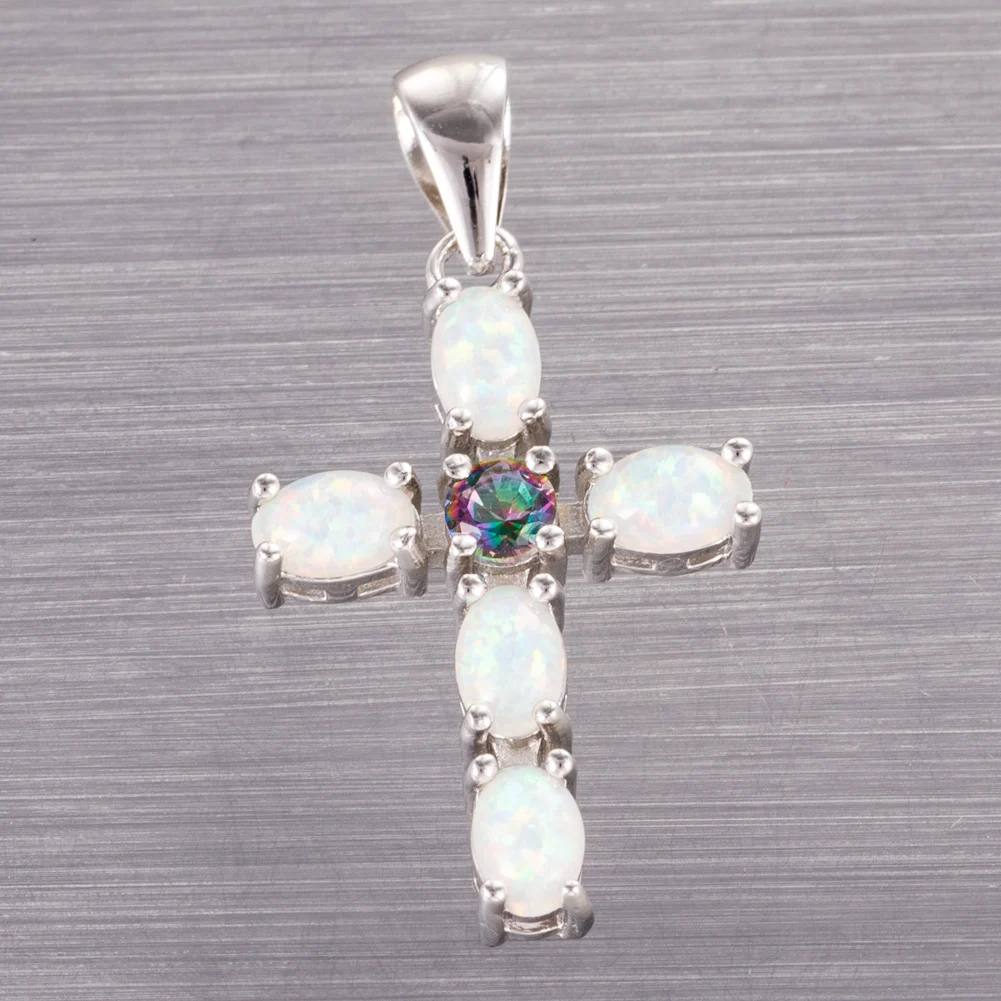 

KONGMOON Latin Cross Rainbow Mystic Topaz White Fire Opal Silver Plated Jewelry for Women Pendant for Necklace