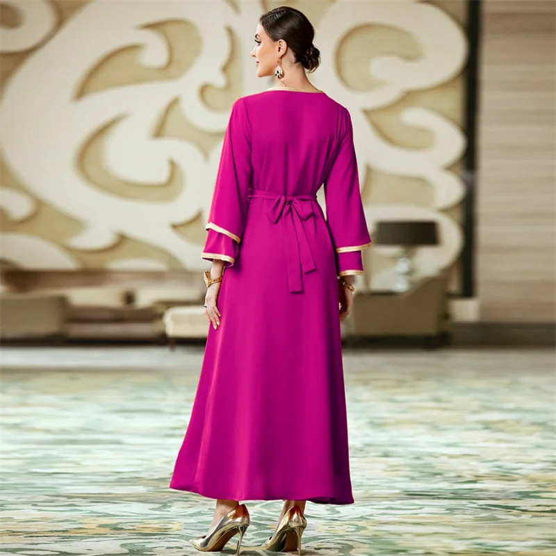 Eid-al-Adha Party Evening Abaya Dress Set for Women Gorgeous Rhinestone Golden Tape Trim Moroccan Caftan Arab Dubai 2 Pieces Set
