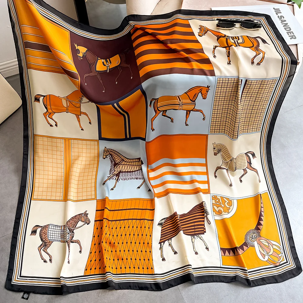 

Luxury Silk Square Scarf Muslim Headscarves Women Horse Print Hijab Shawls Wraps Bandana Female Foulard Headbands Bufanda 110cm