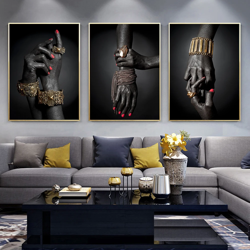 

African Art Black and Gold Hand With Gold Gesture Canvas Painting Poster and Prints Wall Art Pictures for Living Room Home Decor