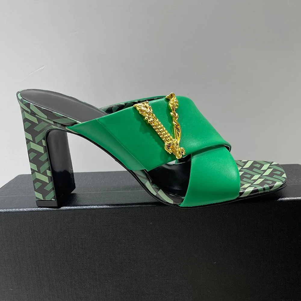 

New 2022 high Quality Women's Slippers Square head Fashion high heels Daily Party Banquet Dance Sandals 7.5cm Summer 43-35