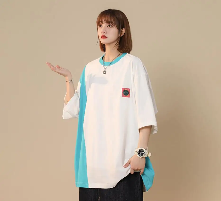

Summer Patchwork T Shirt Women Loose Short Sleeve Black White Beige Color