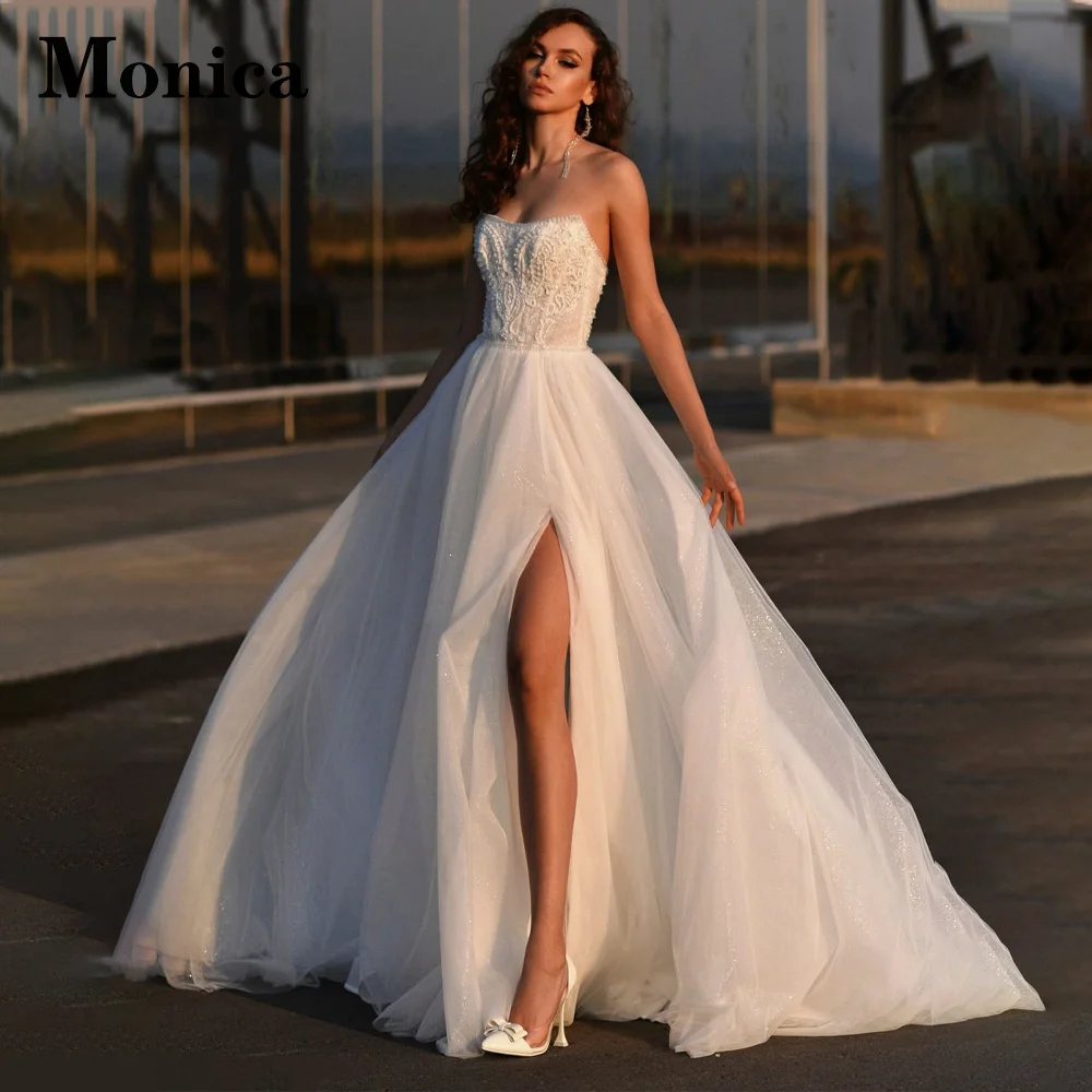 

MONICA Slit A-Line Wedding Gown For Bride Sleeveless Tulle Court Train Appliques Puff Sleeve Classic Lace Up Backless Strapless