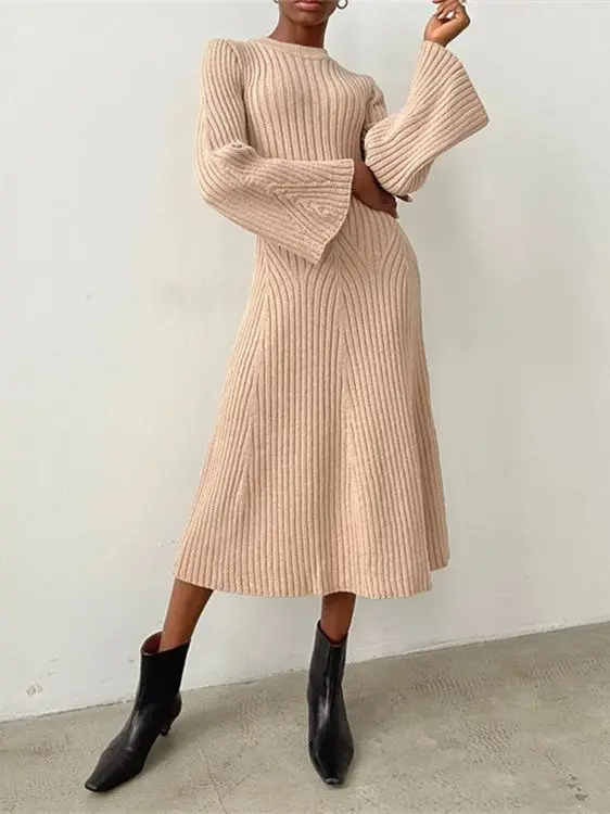 

RDMQ 2023 Elegant Knitted O-neck Midi Dress Women Long Sleeve Casual Flare Long Sleeve A-line Ladies Fashion Solid Dresses