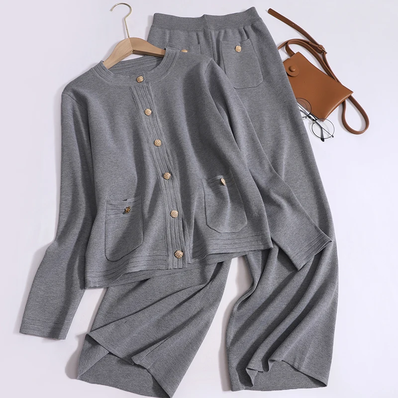 

Fashion Pants Knitted Set Women O Neck Button Up Long Sleeved Knit Cardigans+pocket Wide Leg Pants Autumn Casual 2-piece Set