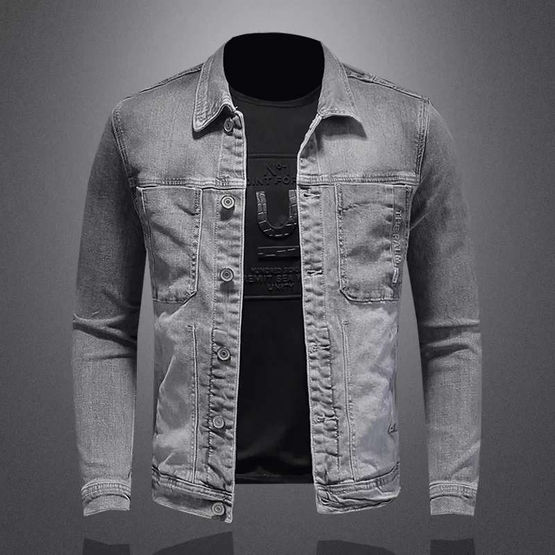 

NEW IN Denim Jacket Men Cotton Turn Down Collar Casual Mens Denim Coat Slim Fit Motocycle Jean Outerwear Single Breasted Jacket