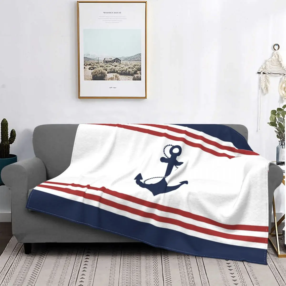 Nautical Anchor Sailor Fleece Throw Blankets red stripes beach Blankets for Bed Outdoor Lightweight Plush Thin Quilt