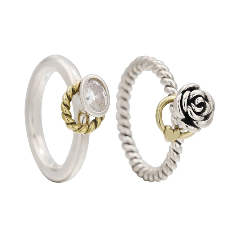 

100% 925 silver high quality oval zircon rose flower and 14K golden love heart ring retro exaggerated out of print Jewelry