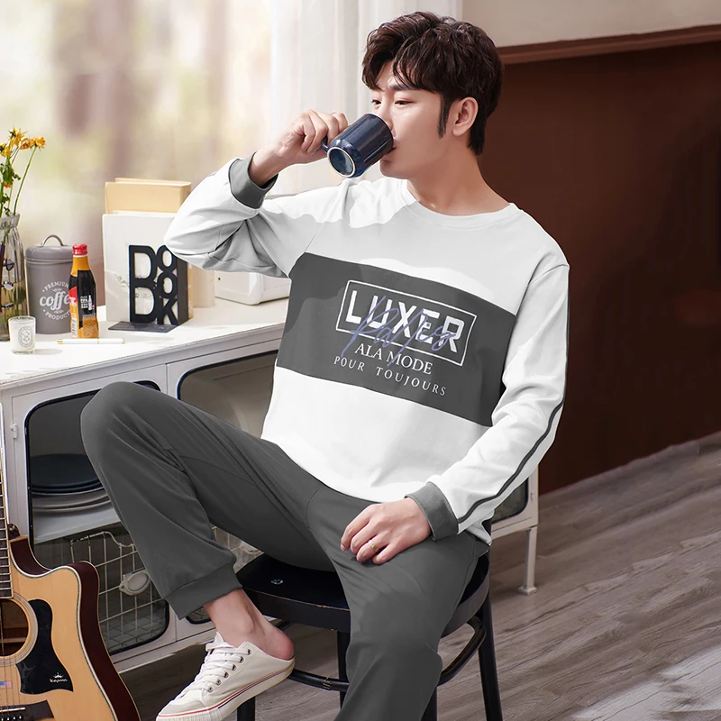 QUHENG Autumn Youth Pure Cotton Round Neck Long-sleeved Trousers Suit Men's Alphabet Simple Pajamas 2-pieces  Home Clothes