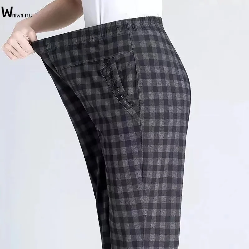 

Classic Plaid Elastic High Waist Straight Trousers Plus Size Mom's Casual Pants Middle Aged Ankle Baggy Pants Women 86-93cm