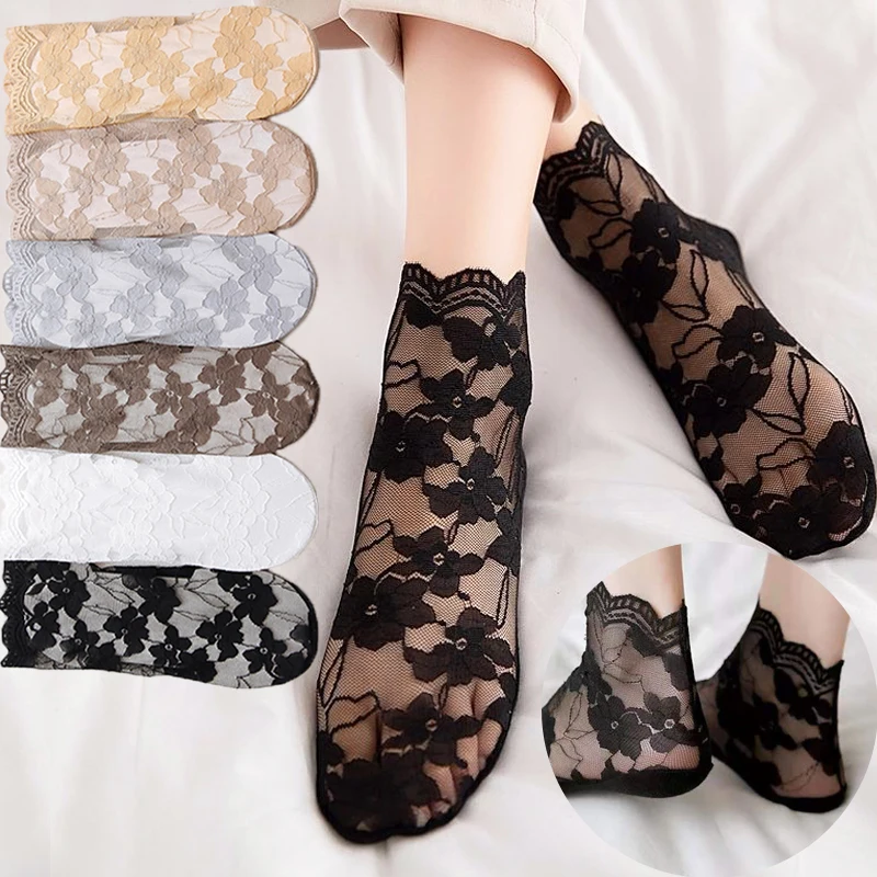 

Sexy Floral Silk Socks Transparent Lace Hollow Flower Socks Summer Invisible Anklet Low Sock Female Anti-slip Stockings