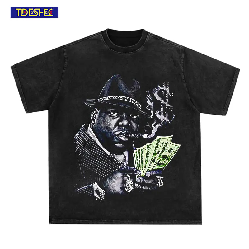 

Men Vintage T-shirt Streetwear 2023 Washed Short Sleeve Hip Hop Rapper Portrait Print T-shirt Summer Fashion Men and Women Top