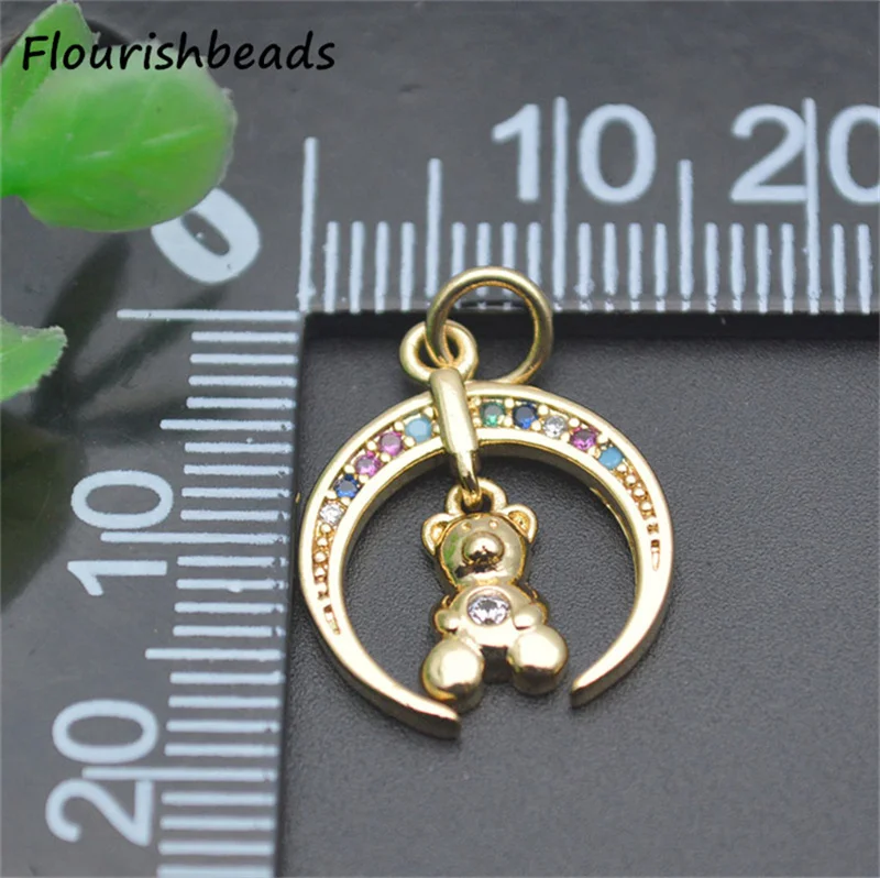 High Quality Nickel Free Anti Rust Gold Plated Colorful CZ Pave Cute Moon Bear Metal Charms Pendants for Jewelry Making 20pcs