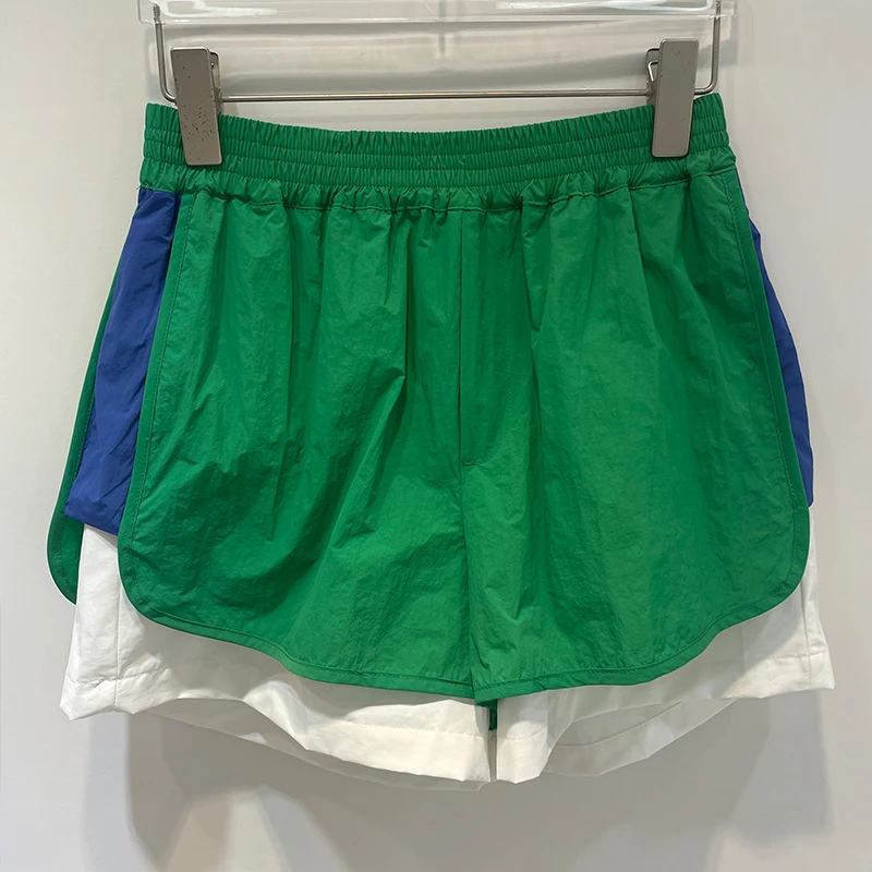 

2023 Spring and Summer New Two-color Splicing Elastic Waist Hit Color Sports Casual Sunscreen High Waist Shorts for Women