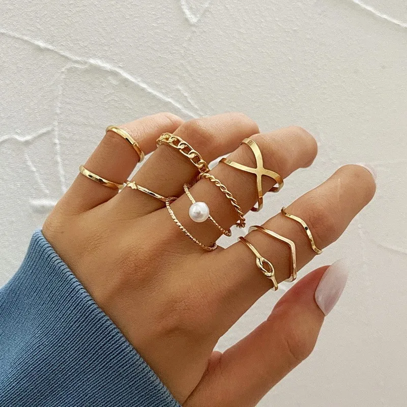 

Design Gold Color Round Hollow Geometric Rings Set For Women Fashion Cross Twist Open Ring Joint Ring Female Jewelry