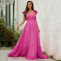 elegant pink long evening dresses v neck ruffles pleats a line princess floor length backless formal prom party gowns customze