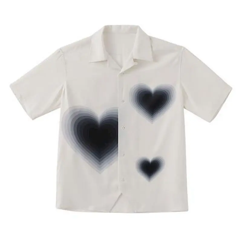

Женская рубашка с принтом в виде сердца, летняя рубашка большого размера, мужская рубашка с коротким рукавом, Корейская уличная одежда белого цвета, свободная модная одежда на пуговицах