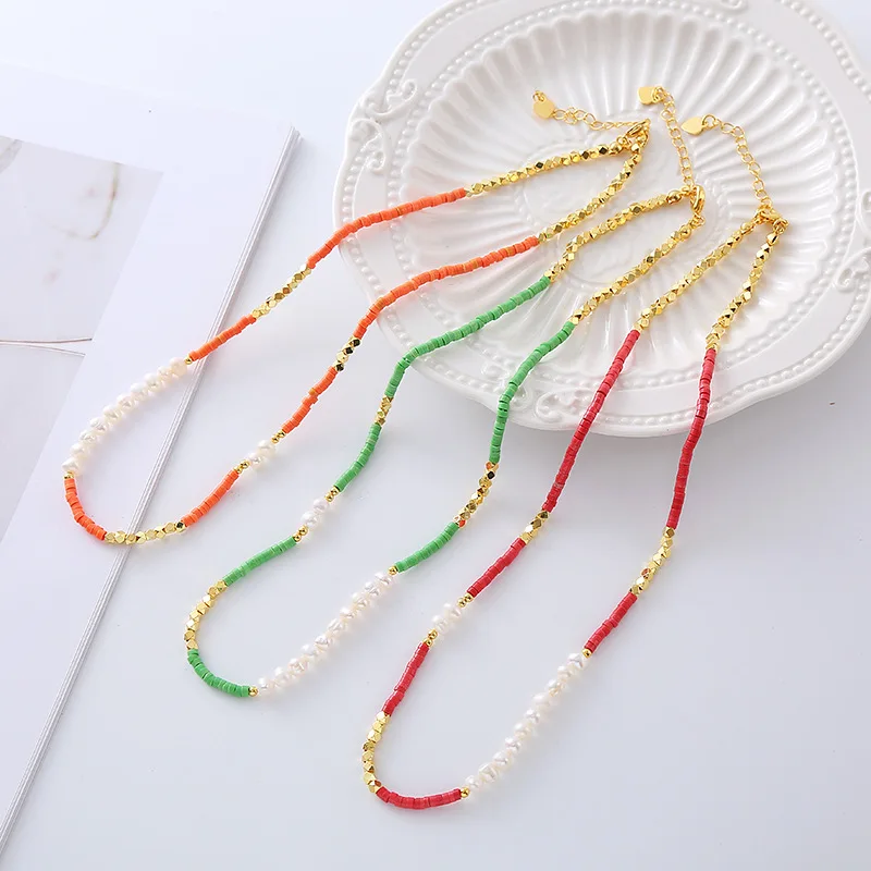 

Minar Korean Style Multicolor Natural Stone Freshwater Pearl Shiny Gold Water Wave Chain Strand Chokers Necklaces for Women