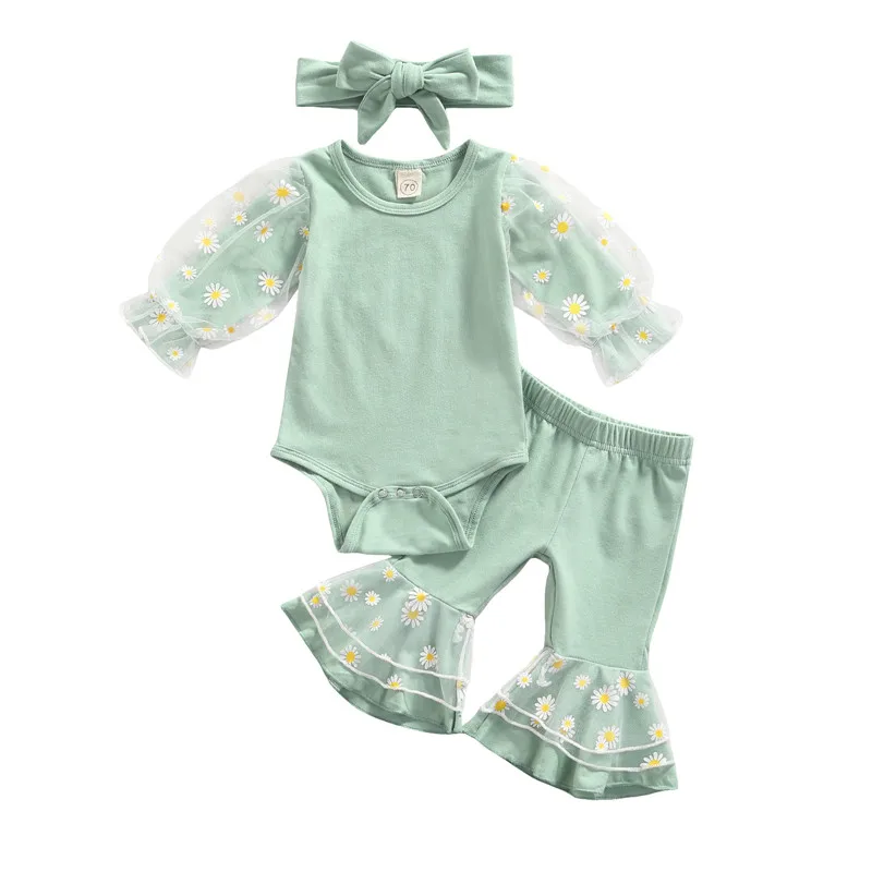 

3 Pcs Newborn Baby Daisy Pattern Outfits Infants Girls Mesh Patchwork Round Neck Long Sleeve Playsuit + Flared Pants + Headband