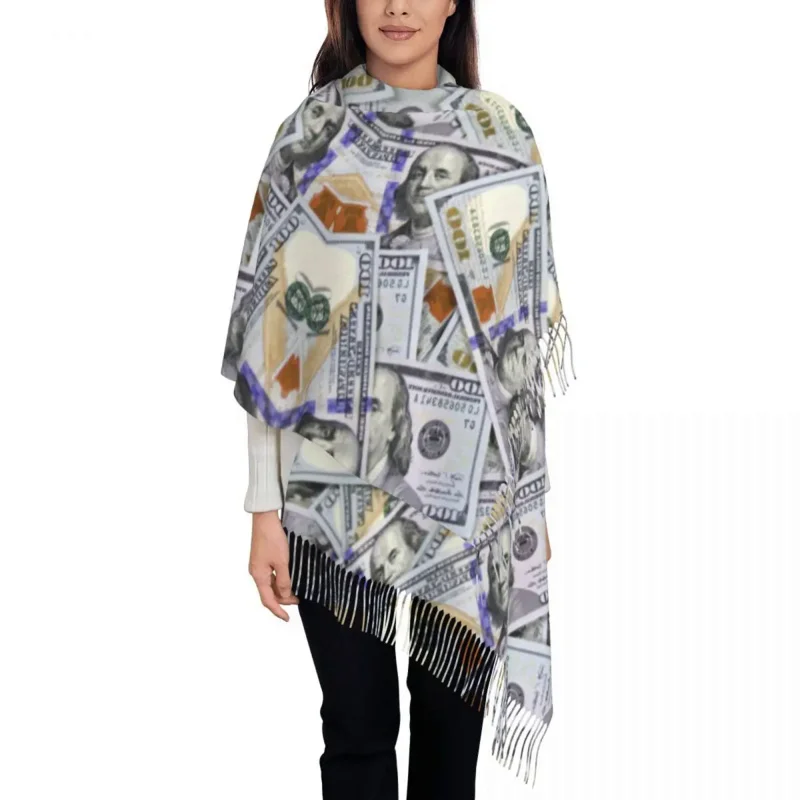 

Шарф унисекс на сто долларов купюр, длинный зимний теплый шарф с кисточками
