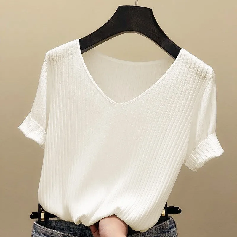 

Blouse Women Blusas Mujer De Moda Verano Short Sleeve White Blouse V-Neck Knitted Blouse Shirt Tops Y2k Women Korea Blouse Blusa