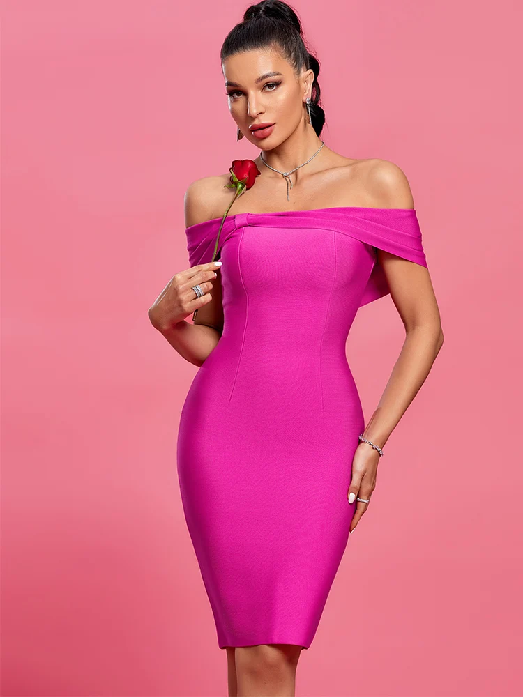 

Pink Bandage Dress Women Off Shoulder Party Dress Bodycon Elegant Sexy Knee Length Birthday Club Outfit 2023 Summer New Arrival