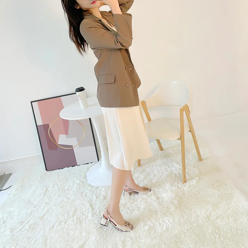 2023 Leather Jacquard Face Horse Buckle Shallow Mouth After Empty Thick Heel Sandals 31-46 Size Women's Shoes 22-20