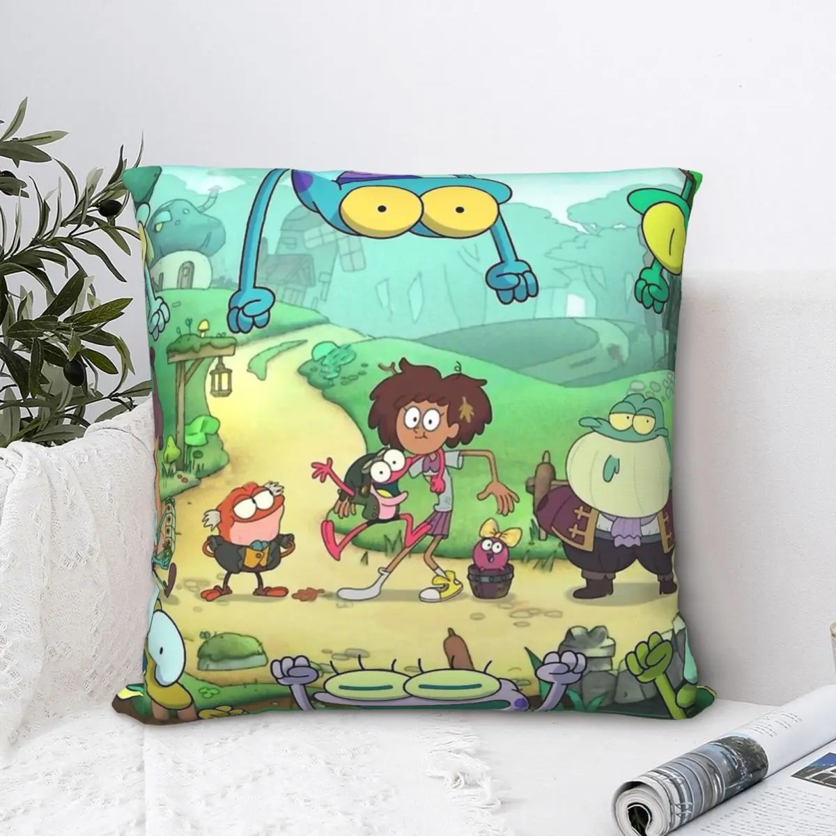 

Frog World Polyester Cushion Cover The Owl House x Amphibia Bedroom Chair Decorative Reusable Throw Pillowcase