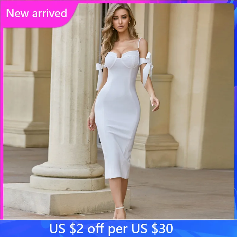 

Pearl Strap White Midi Dress High Sense Bow Sleeve Evening Bandage Dress