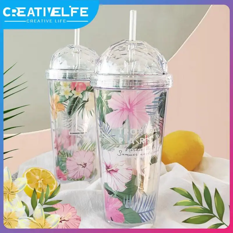 

1 Pcs Home Drinkingware Double Straw Cup Plastic Cup Diamond Flower Water Cup 420ml Plastic Straw Cup Direct Wholesale Drinkware