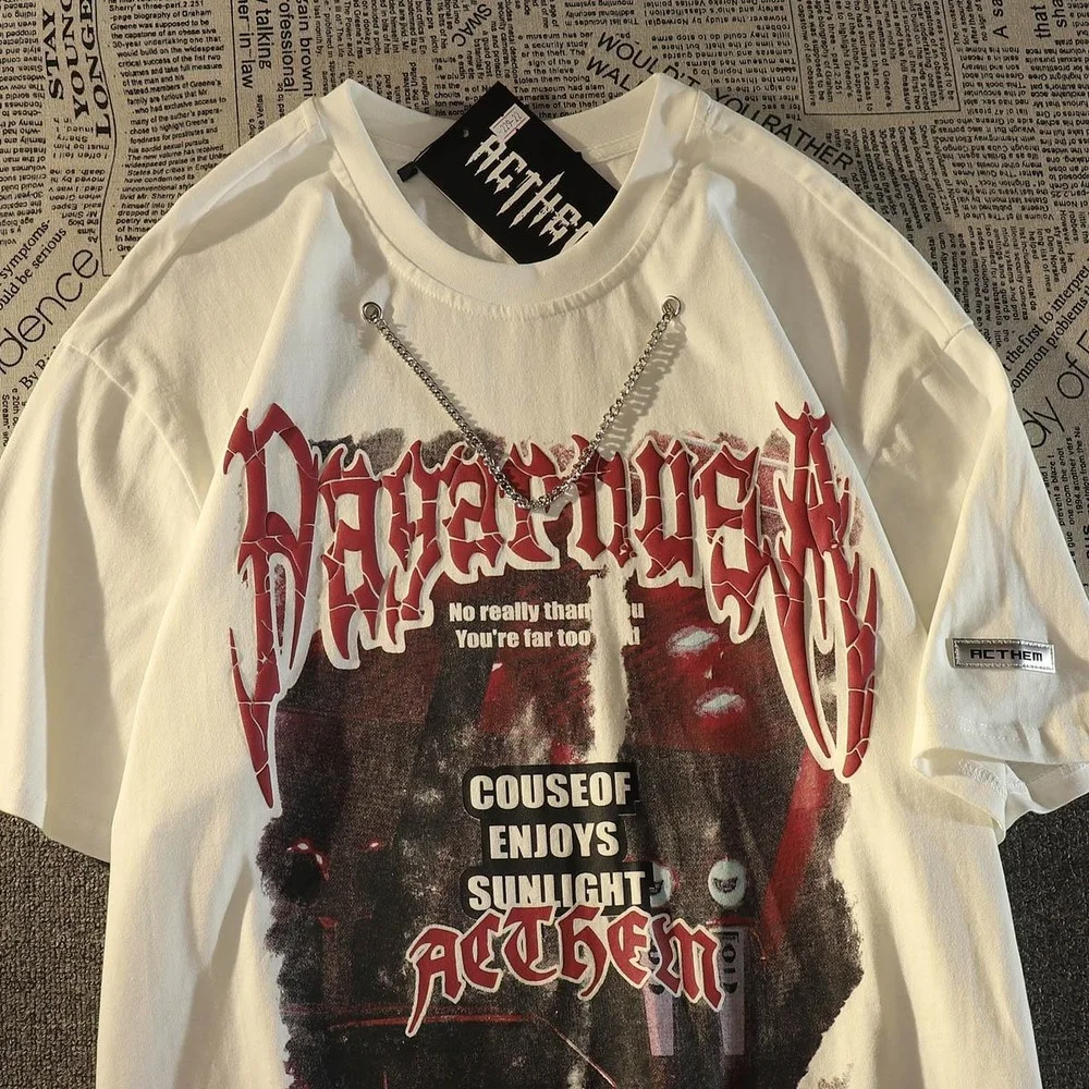 

Vintage Cool Chain Streetwear Goth Graphic T Shirts Hip Hop Harajuku Oversized Tops O-neck Short Sleeve Summer Large 2XL Couples