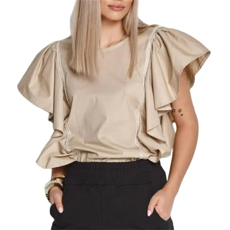 

2022 Europe And America Summer Shirt Lovely Ruffles Shirt Fashion Solid Color O-neck Shirt Women Blouse Drop Shipping