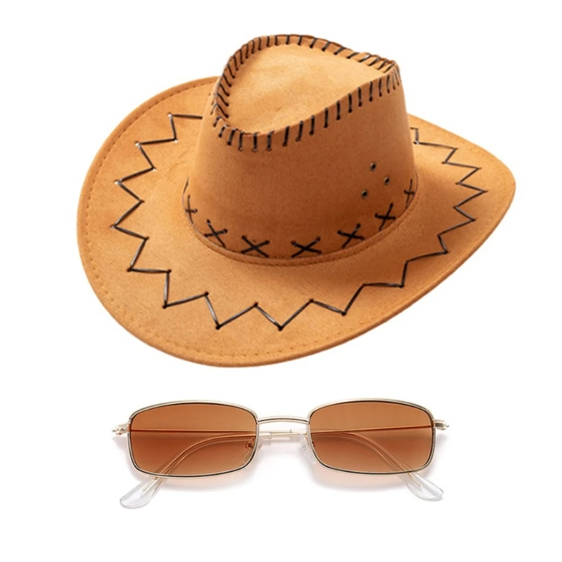 

Halloween Cowboy Cowgirl Hat Sunglasses Kerchief Gold Chain Set for Night Club
