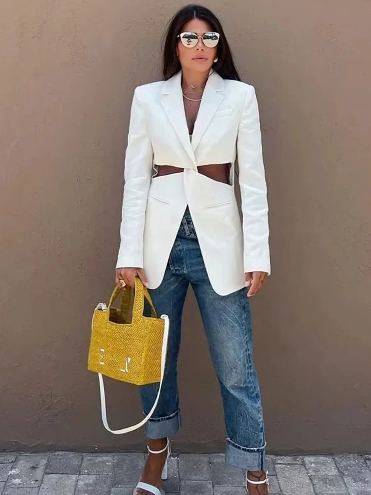 

TRAF Women White Bandage Blazer Women Lapel Long Sleeve Loose Fit Jacket Fashion Spring Autumn Blazer