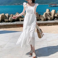 womens white dresses summer new style gentle elegant long skirt square collar flying sleeve beach party fashion solid dress