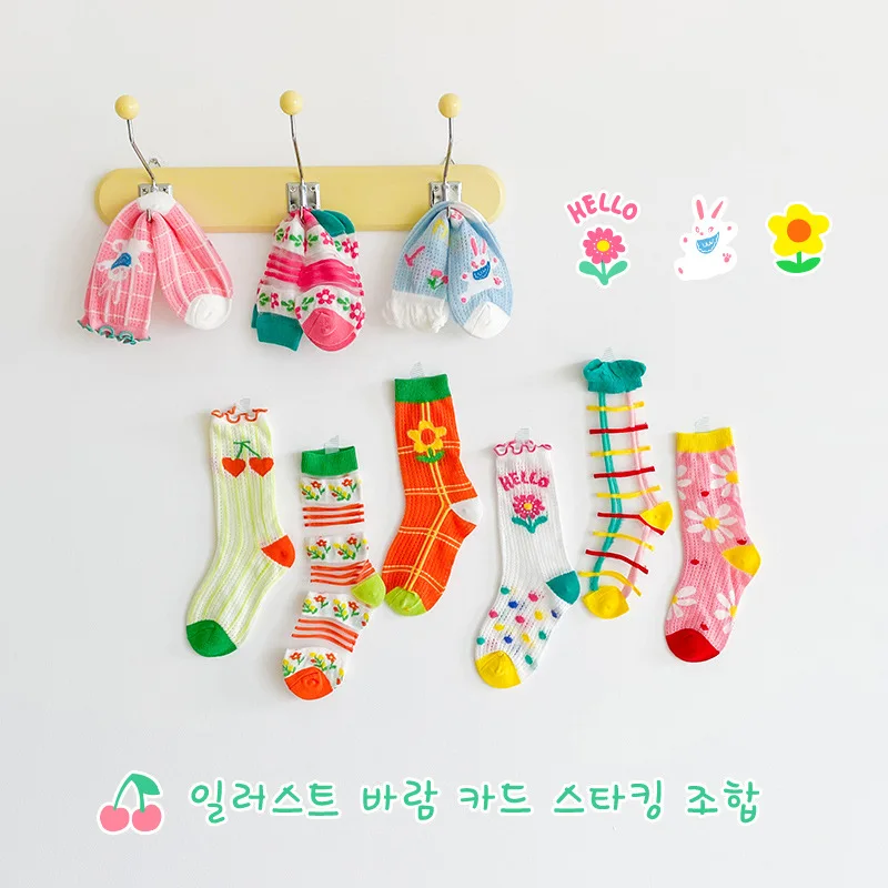 

3 pairs children's socks summer thin ins illustration wind card silk socks cotton breathable girls socks lovely socks kids socks