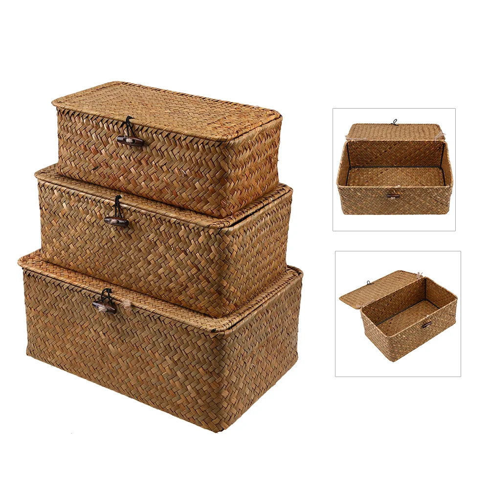 

Storage Basket Woven Baskets Wicker Box Seagrass Lid Rattan Organizer Bins Seaweed Desktop Shelf Container Lids Bin Hyacinth