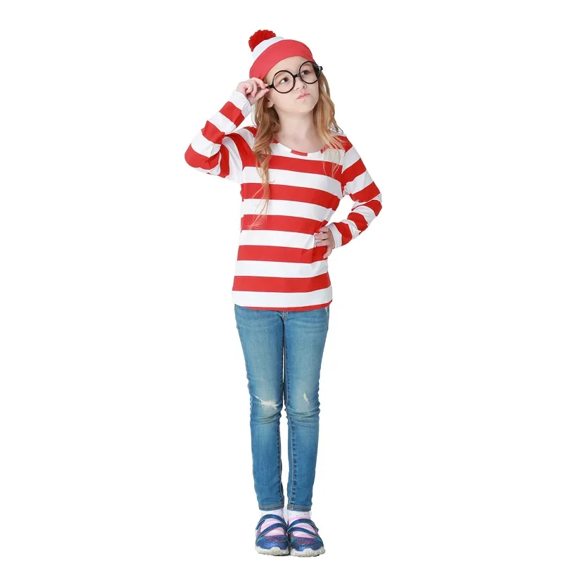 Фото Костюм для косплея Chlid Wally Waldo, рубашка в белую и красную полоску для девочек, наряд ко Дню книги мира, нарядное платье №2