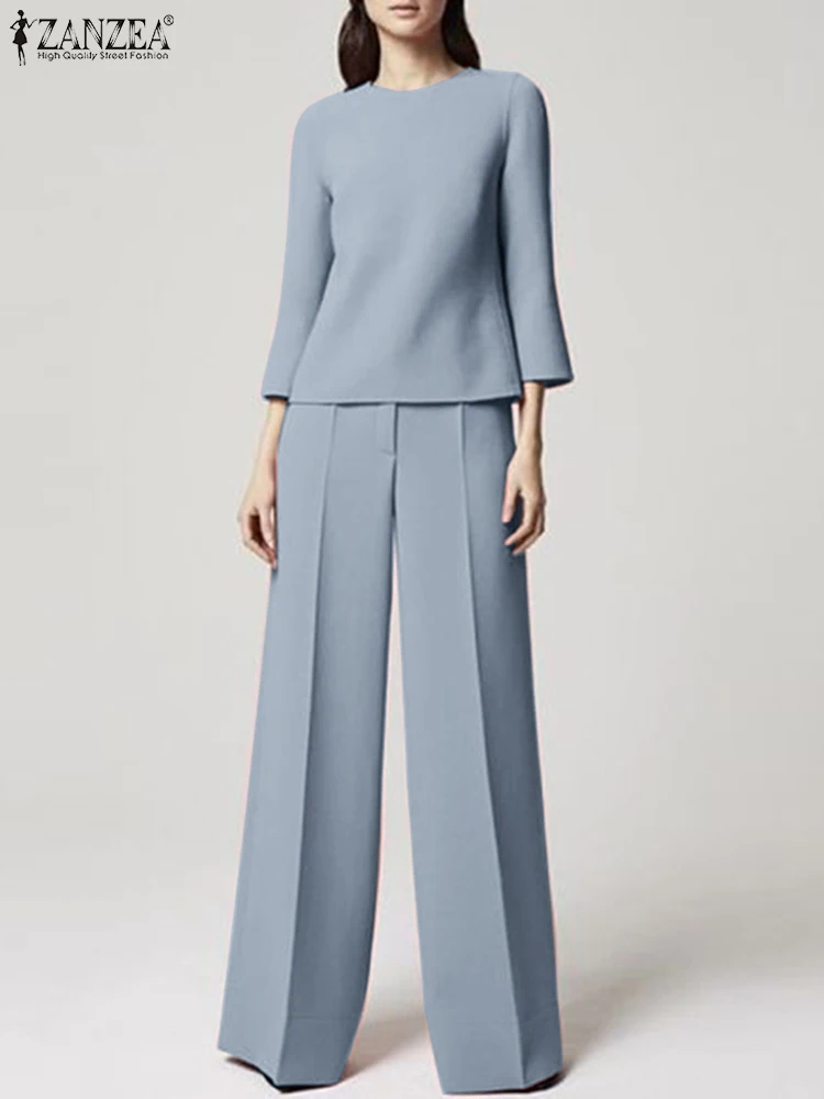 

2023 ZANZEA Fashion Matching Sets Spring Women Suit 2pcs Long Sleeve O-Neck Tops Pants Female Solid Casual OL Office Tracksuits
