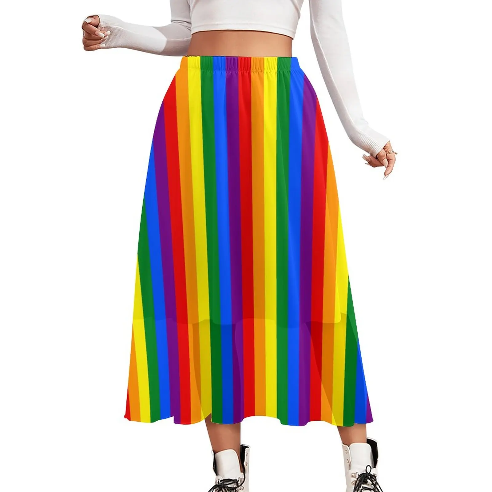 

Rainbow Print Skirt Colorful Stripes Retro Boho Skirts Elastic Waist Printed Y2K Casual Skirt Big Size 2XL 3XL