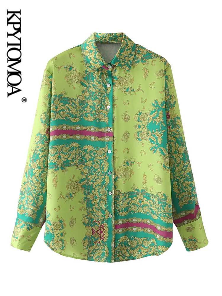 

KPYTOMOA женские модные свободные рубашки с контрастным принтом винтажные женские блузки с длинным рукавом на пуговицах блузки шикарные топы