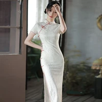cheongsam dress women slim fit long 2022 summer lace jacquard short sleeve traditional chinese style split qipao dresses woman