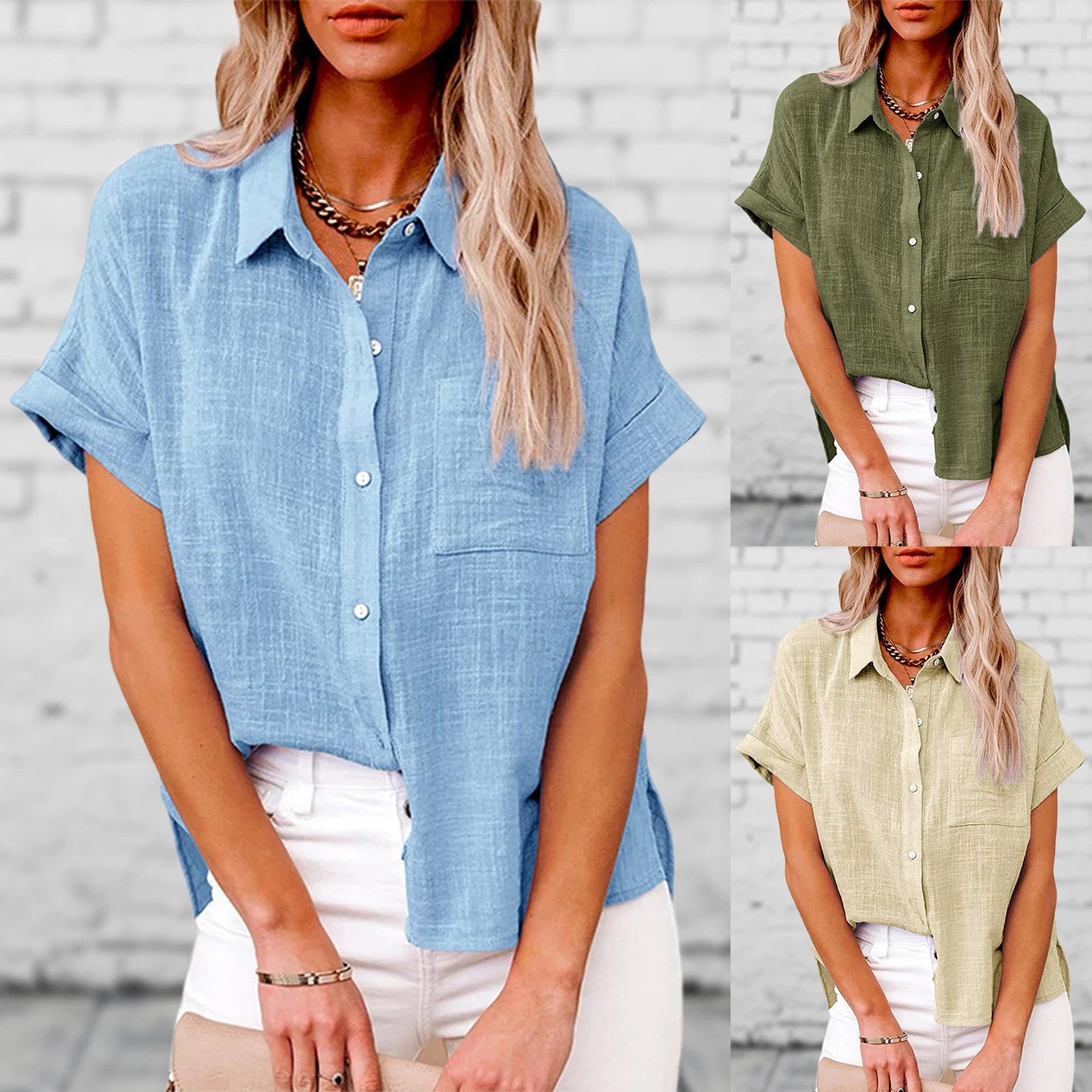 

Cotton Linen Shirts WomenElegant Casual Solid Button Lapel Blouses Shirts Spring Summer Short Sleeve Loose Tops Tunic Blusas