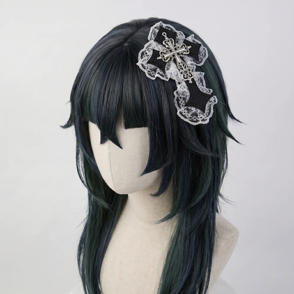 Фото Заколка для волос в стиле Harajuku Y2K Gothic Lolita: готическая, с цепями, в стиле панк, хип-хоп, рок, с кружевом и крестом, для женщин №3
