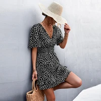 women t shirt dresses summer 2022 sexy v neck floral print boho beach dress ruffle short sleeve a line mini dress sundress robe