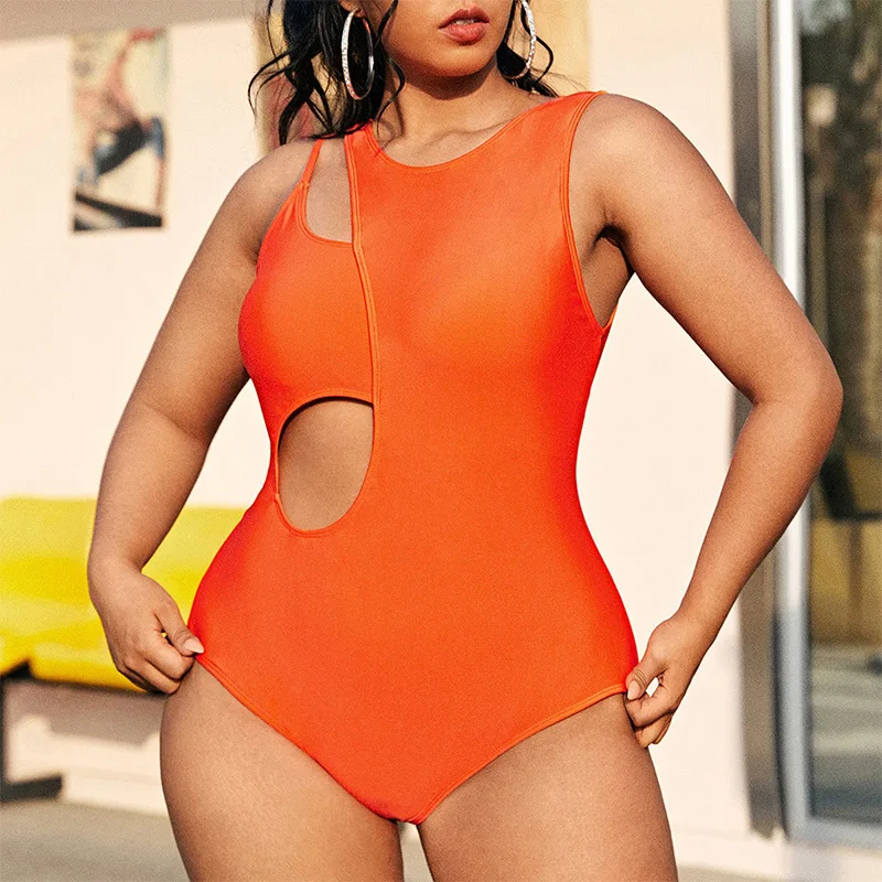 

Plus Size Sexy Cut Out One Piece Swimsuit Women Solid Swimwear Bathing Suit Tummy Control Monokini 2022