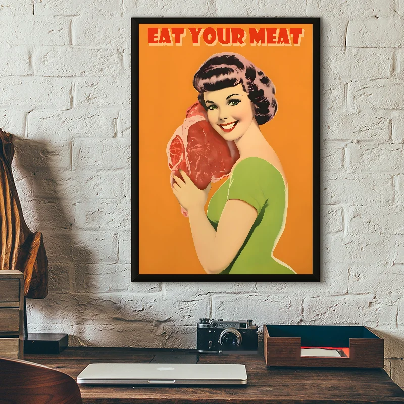 Vintage Food Croissant Pasta Meat Poster Self-adhesive Art Waterproof Paper Sticker Coffee House Bar Room Wall Decor